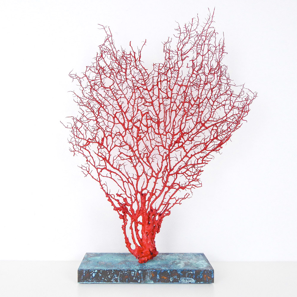 Jahr: 2018
Material: echte Fächerkoralle
Größe: variiert
Gewicht: ca. 2 kg | 4,4 lbs.
Edition: Einzelstücke
A genuine coral with its very fine and delicate branching, elaborately painted in a strikingly flaming red and placed on an individually created base to achieve a harmonious image in homage to the natural elements